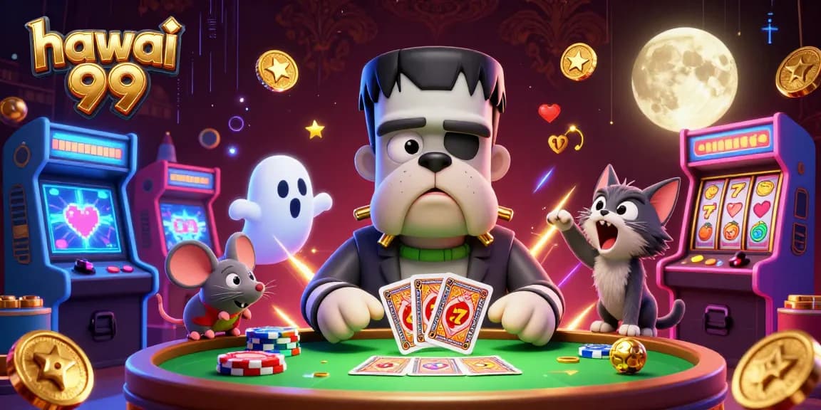 Engage with hawai 99 at a vibrant casino scene featuring a Frankenstein bulldog dealing cards.
