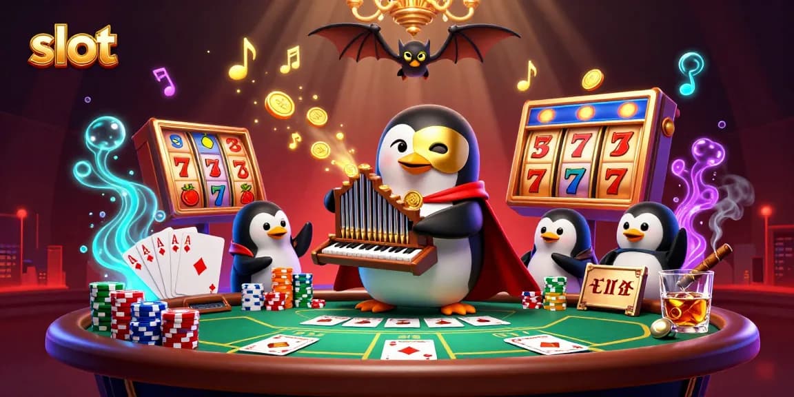 Slot gacor malam ini dengan penguin fantasi bermain organ yang memuntahkan koin emas.