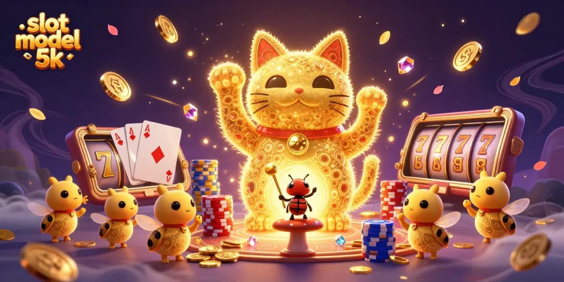 Spin the slot modal 5k reels, featuring a lucky cat and vibrant casino symbols in a magical scene.