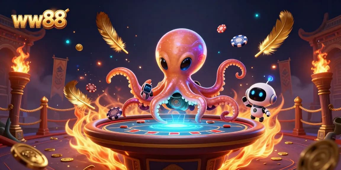 Experience the excitement of ww88 in this vibrant 3D illustration featuring an alien octopus at a poker table.