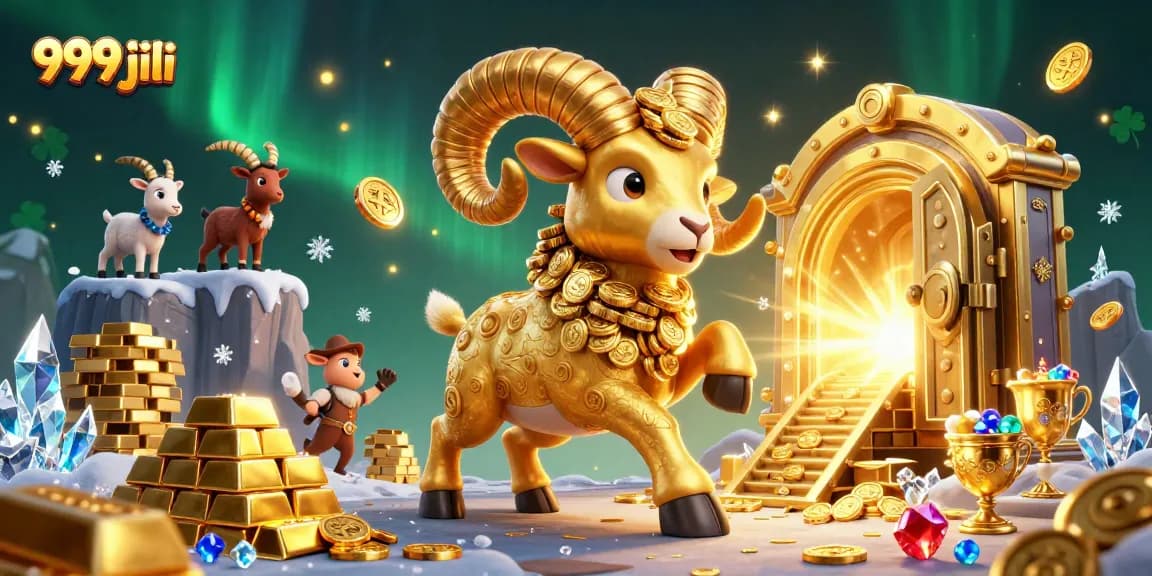 Experience the excitement of 999 jili with a vibrant golden ram charging through a treasure-filled casino scene.