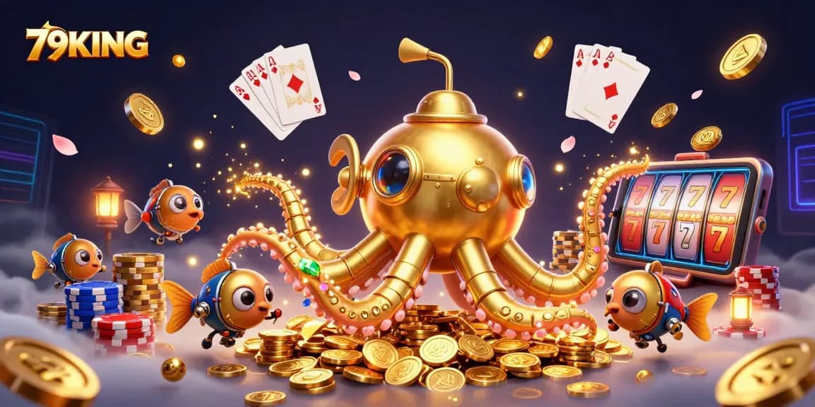 Engage in the world of 79KING with vibrant casino elements around a golden kraken submarine.