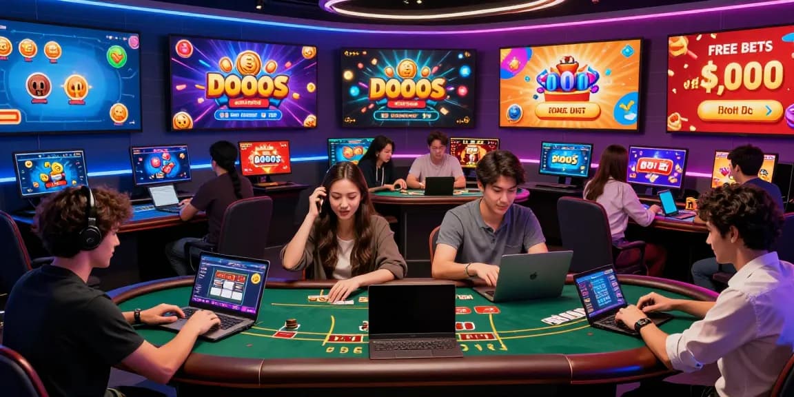 Exciting online gamebaidoithuong scene with players enjoying table games and celebrating wins in a vibrant virtual casino.