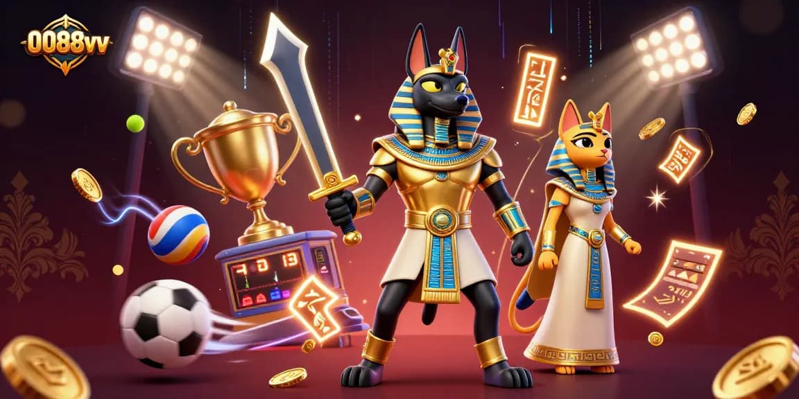 Experience the thrill of 0088vv gaming with Anubis and Bastet amid vibrant casino elements.
