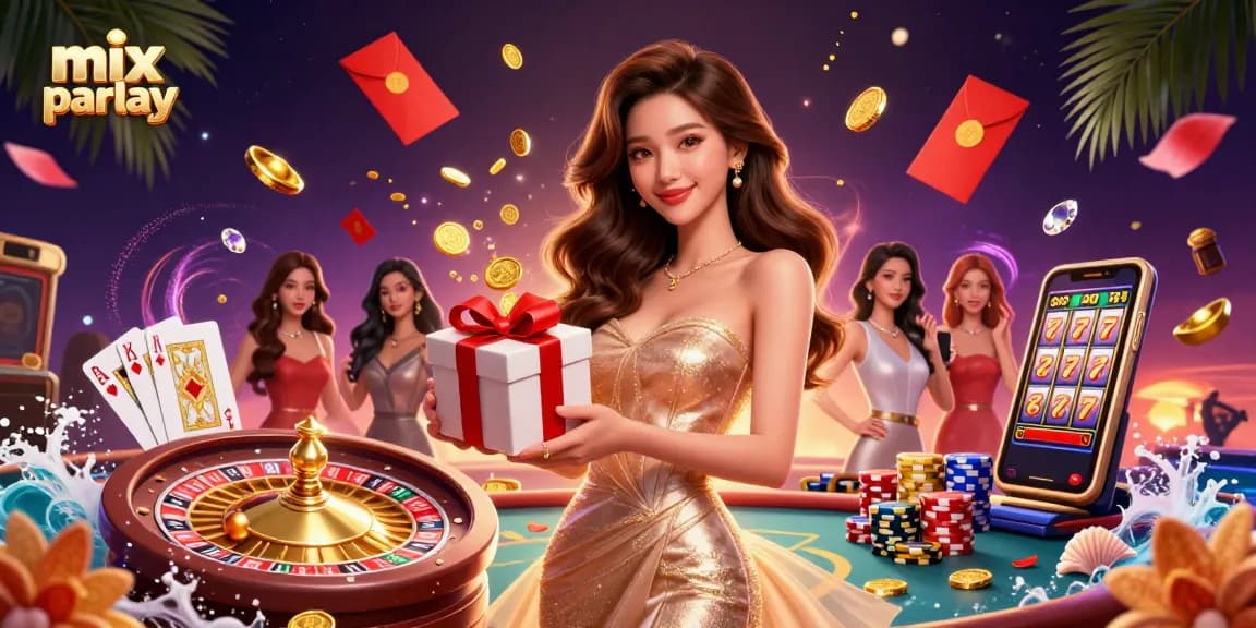 Experience the excitement of mix parlay betting illustrated by a glamorous woman in a vibrant casino scene.