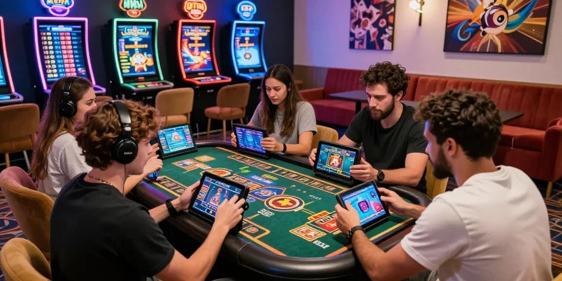 KO66 online casino players enjoying dynamic gaming experience in vibrant lounge