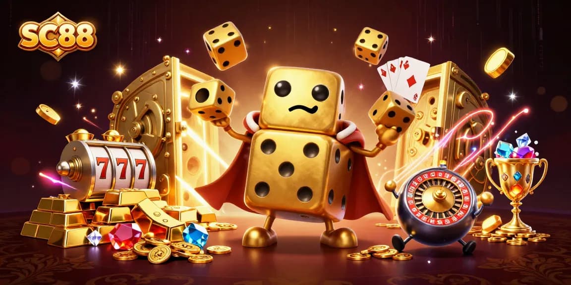 Win big at SC88 with golden dice golem and vibrant casino elements!