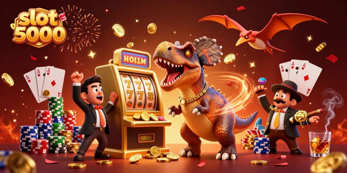 Permainan slot 5000 dengan dinosaurus dan mesin slot menghasilkan koin jackpot yang bersinar.