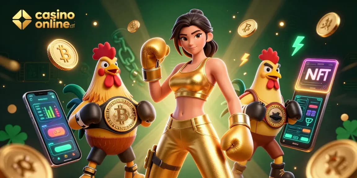 Interagisci con i giochi preferiti al casino online esteri in una vivace scena 3D featuring una donna forte, un gallo e elementi di criptovaluta.