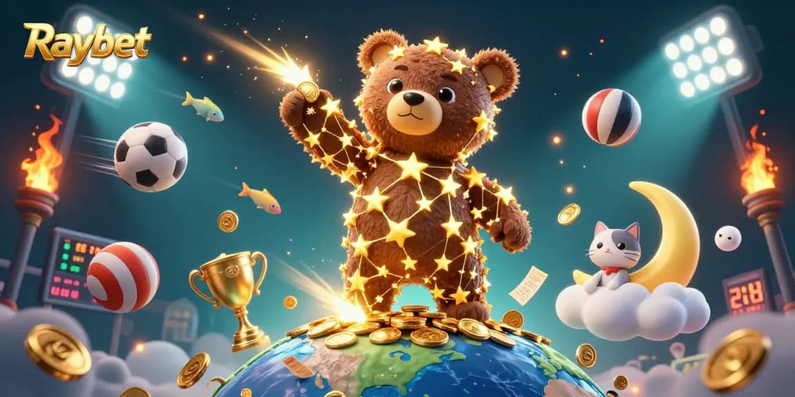 Experience the thrill of Raybet as constellation bear coins drop in a vibrant casino scene.