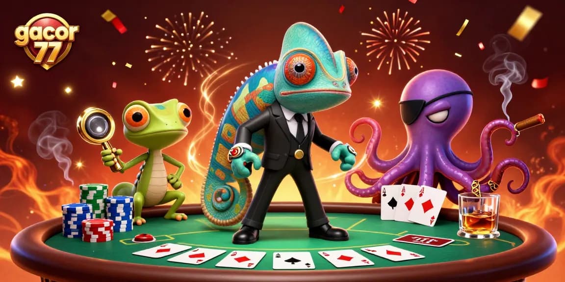 Gacor 77 menghadirkan suasana permainan poker yang mendebarkan dengan karakter penuh warna dan energi.