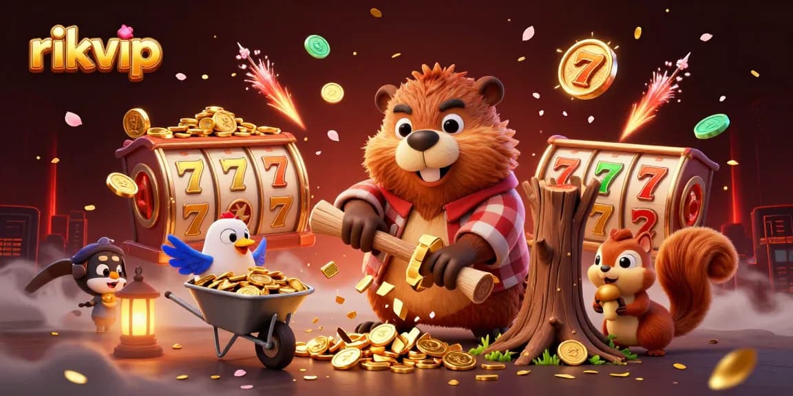 Experience exciting gameplay at rikvip with vibrant slot reels, gold coins, and cartoon characters in a lively casino atmosphere.