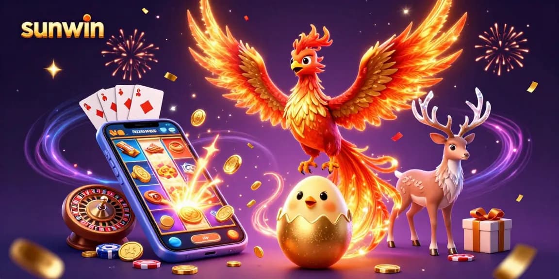 Experience the thrill of sunwin gaming with vibrant phoenix characters, slot elements, and magical energies.