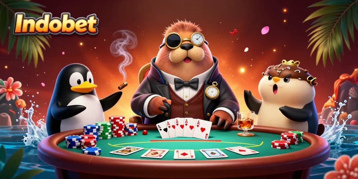 Indobet menampilkan walrus ceria bermain poker di bawah laut.