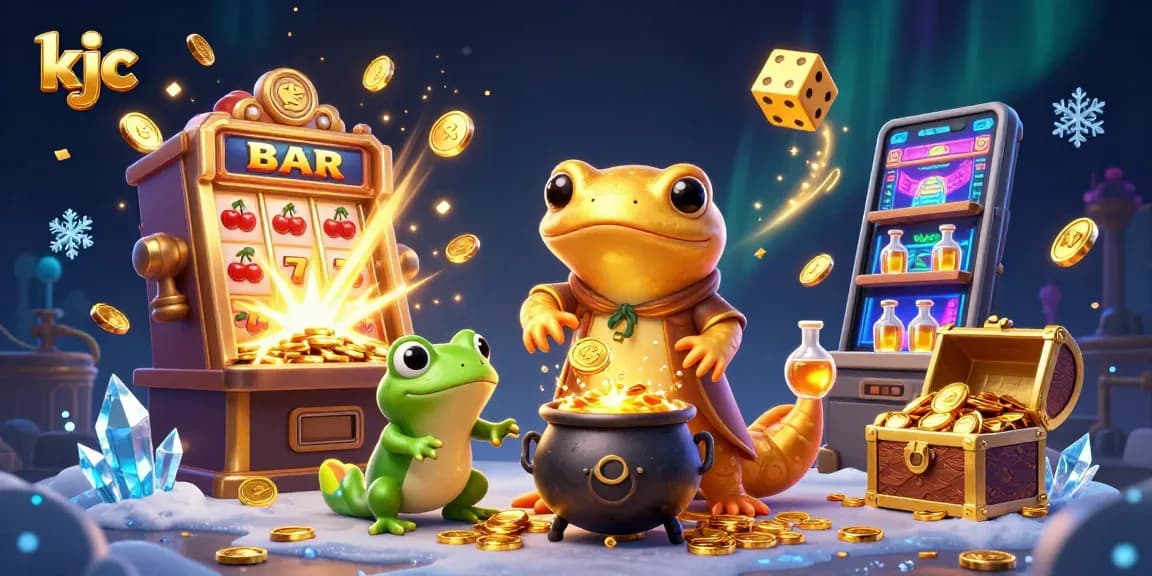 Engage with kjc casino magic as an alchemist transforms metals into gold amidst vibrant slot machines.