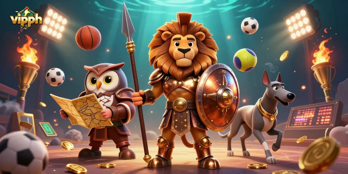 Engage with vipph's online gaming universe featuring an action-packed 3D scene of a Spartan lion, tactical owl, and swift greyhound.