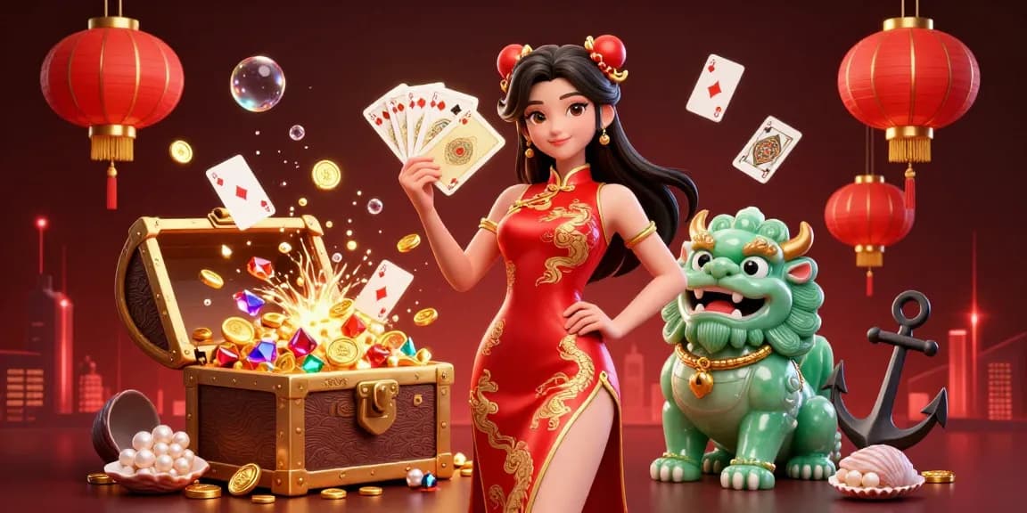 Play at ATAS Casino with an elegant woman in a crimson qipao surrounded by rich gambling elements.