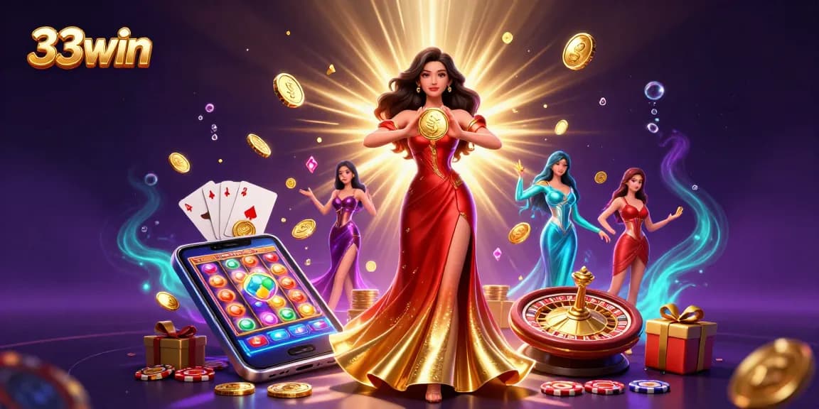 Engage with 33win in a vibrant casino world featuring a stunning Asian woman amidst a shower of coins and gaming elements.