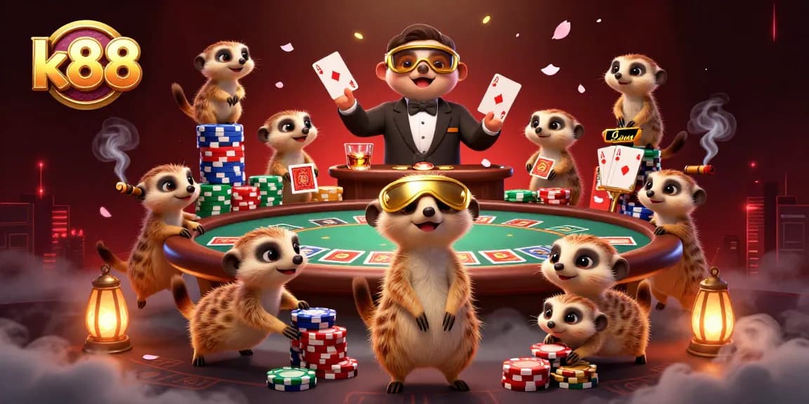 K88 token games come alive as meerkats manage a bustling casino of poker and thrills.