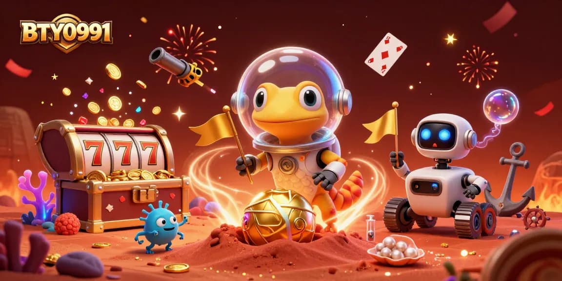 Engage with BTY0991 as a Martian gecko finds a golden casino amidst vibrant slot games and cosmic celebration.