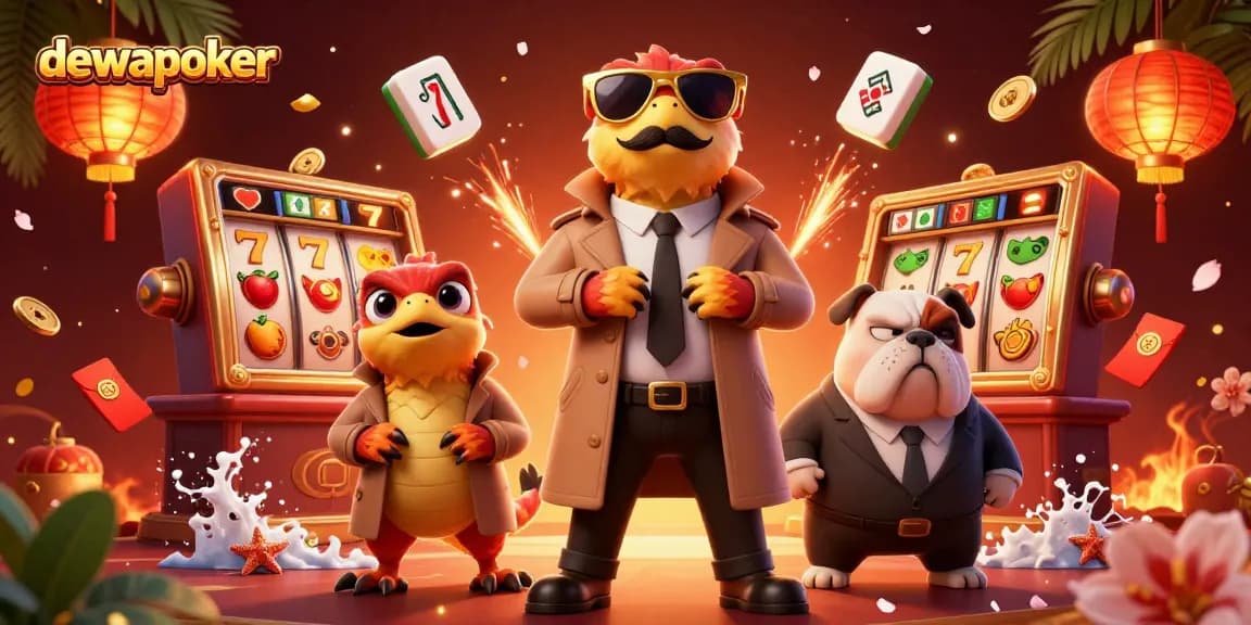 Dewapoker menghadirkan tiga raptor dalam trench coat di lounge kasino VIP, dikelilingi elemen judi menarik.