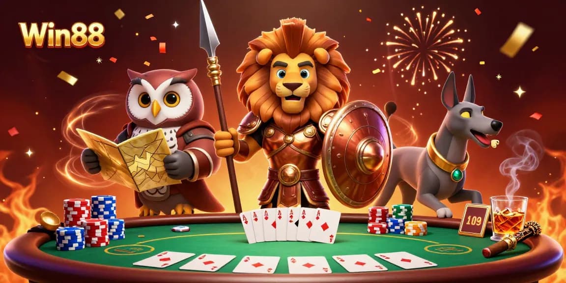 Experience exhilarating wins at Win88 with a vibrant 3D casino scene featuring poker elements.