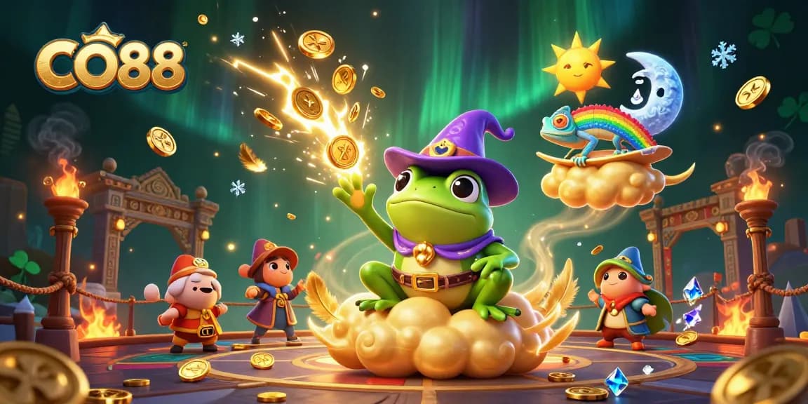 Engage in thrilling gameplay at CO88 while witnessing a vivid storm of coins and enchanting creatures.