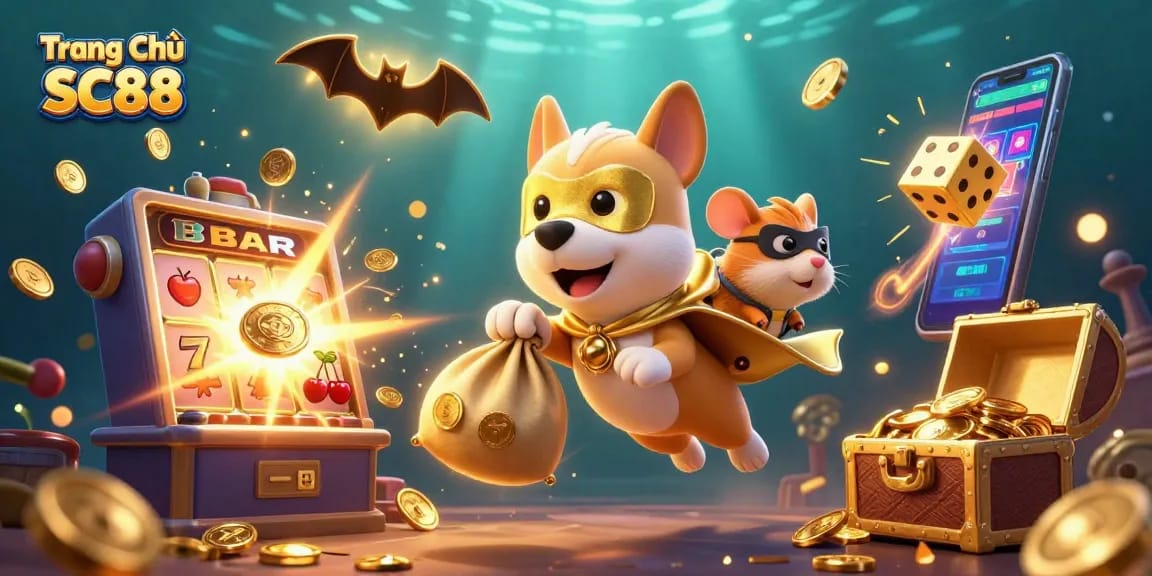 Experience the thrilling world of Trang Chủ SC88 with cartoon heroes in a casino adventure, showcasing vibrant gaming elements.