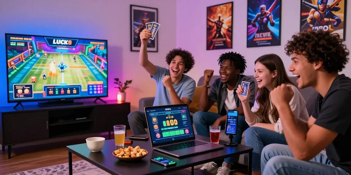 Friends enjoying a lively gaming session on LUCK8 online casino with snacks and drinks.