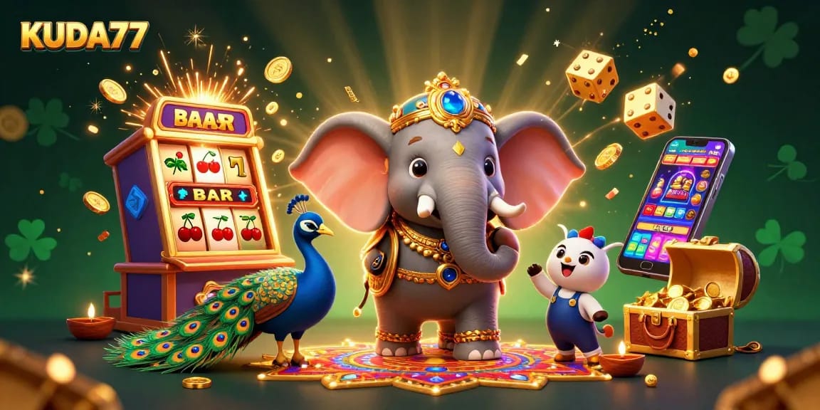 Permainan slot KUDA77 yang menarik dengan gajah dan burung merak yang meriah berlatarkan emas dan lampu ala Diwali.