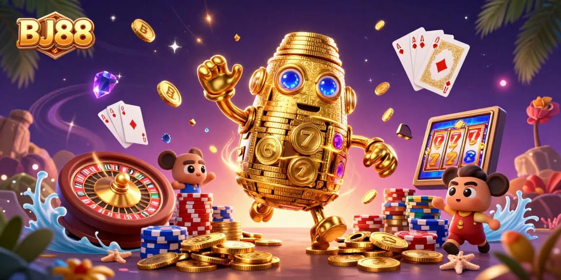 Experience thrilling gaming with BJ88, featuring an ancient golden golem surrounded by sparkling coins and casino elements.