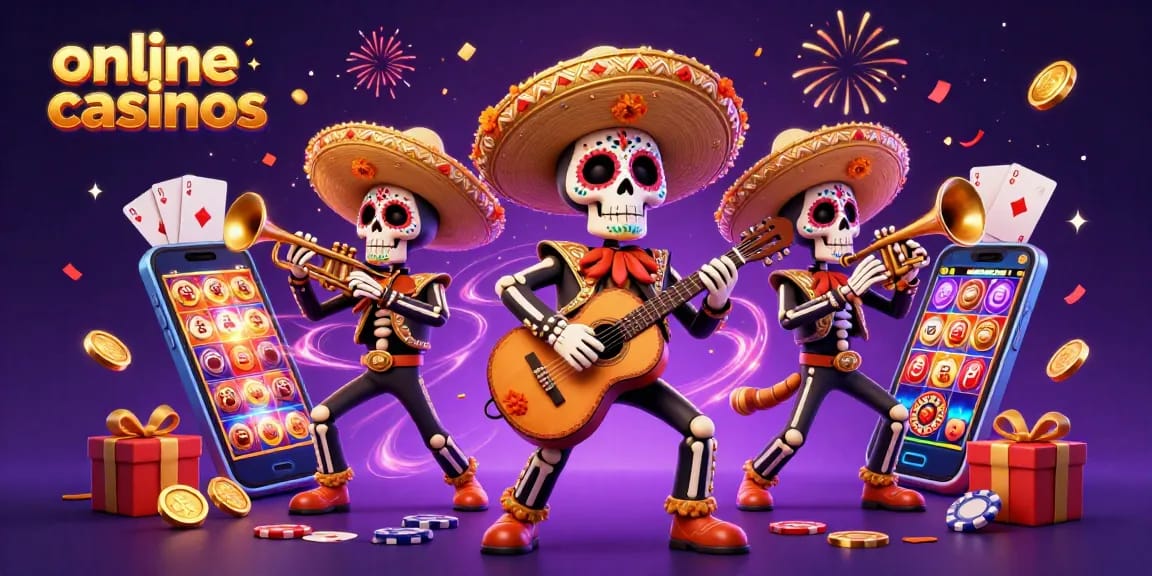 Experience vibrant online casinos through this festive illustration of a mariachi band amidst gaming elements.