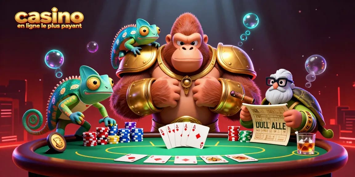 Plongez dans l'excitation du casino en ligne le plus payant, mettant en scène des personnages dynamiques et des éléments de poker dans une scène captivante.