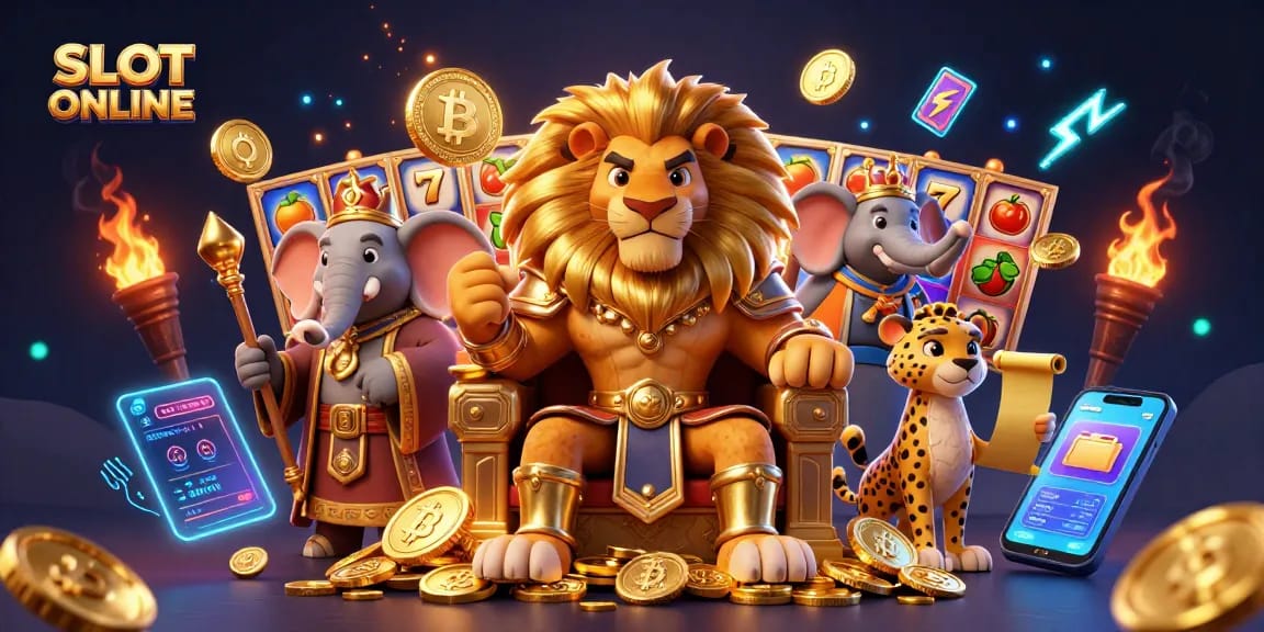 Putar SLOT ONLINE dengan simbol slot mengkilap dan karakter menarik seperti raja singa dan penasihat gajah.