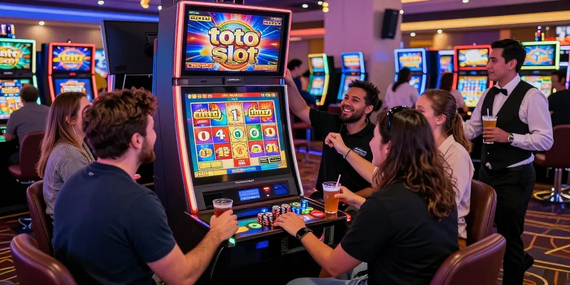 Permainan toto slot di kasino modern dengan pemain yang bersukacita merayakan kemenangan.