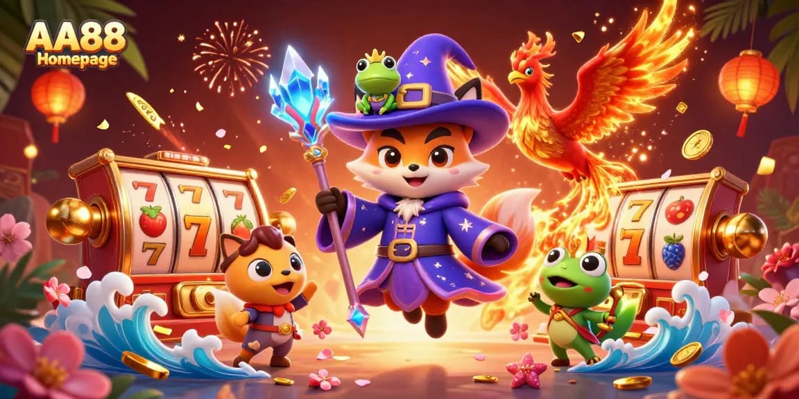 Engage with the AA88 Homepage featuring a wizard fox, phoenix, and rich casino elements.