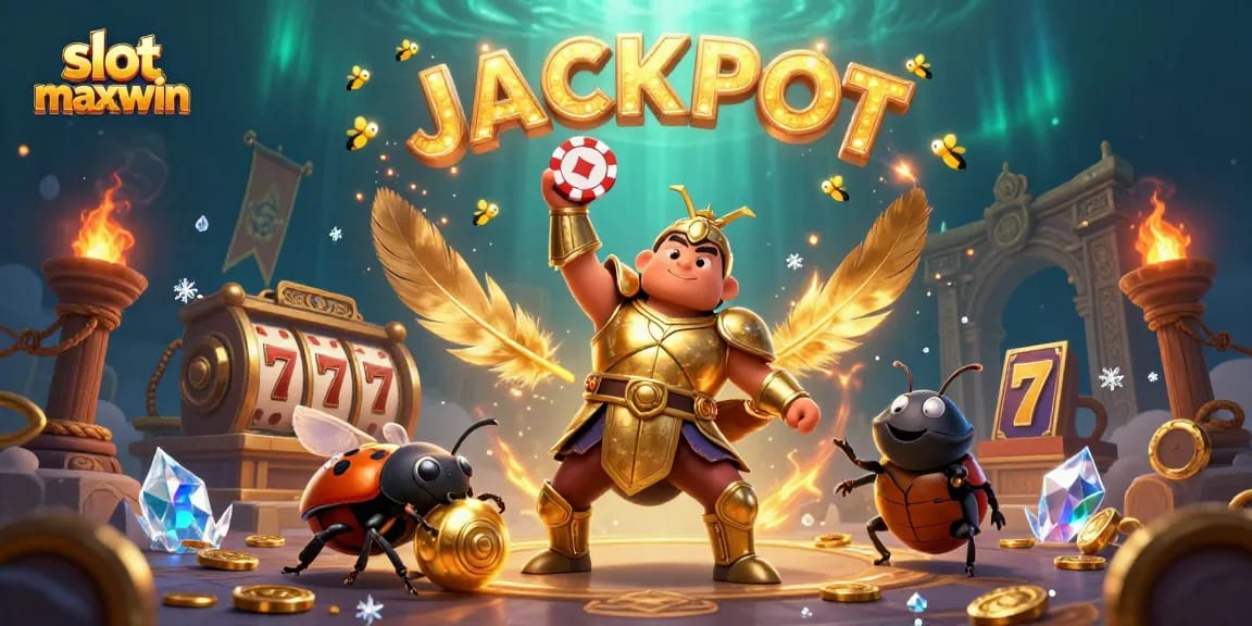 Win with slot maxwin in a vibrant 3D casino scene featuring characters and gaming elements.