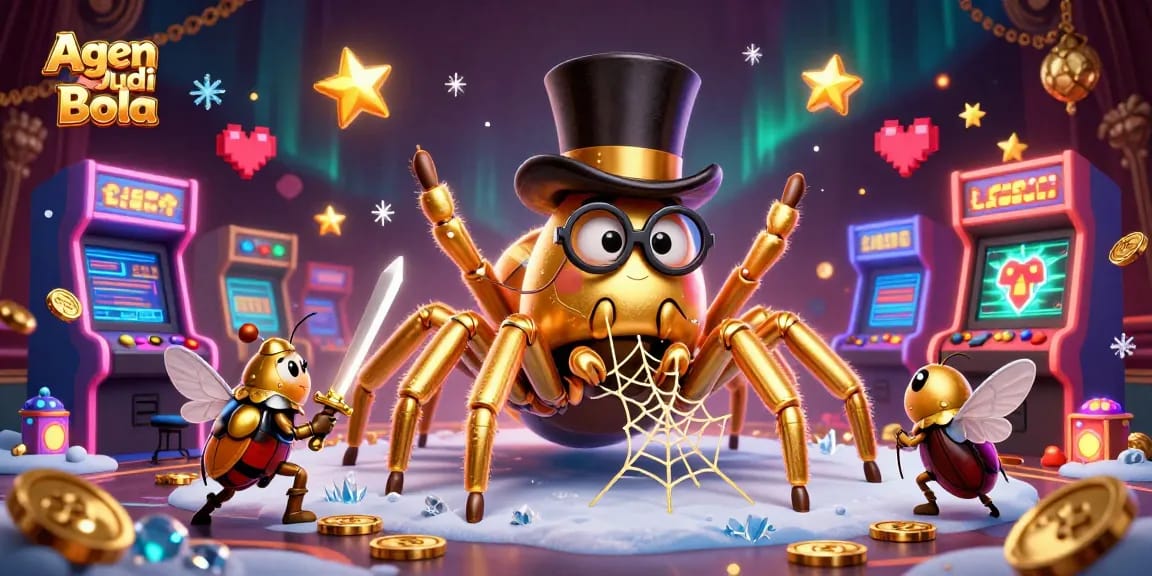 Engage with Agen Judi Bola as a golden tarantula and beetle knight in a casino-themed illustration.