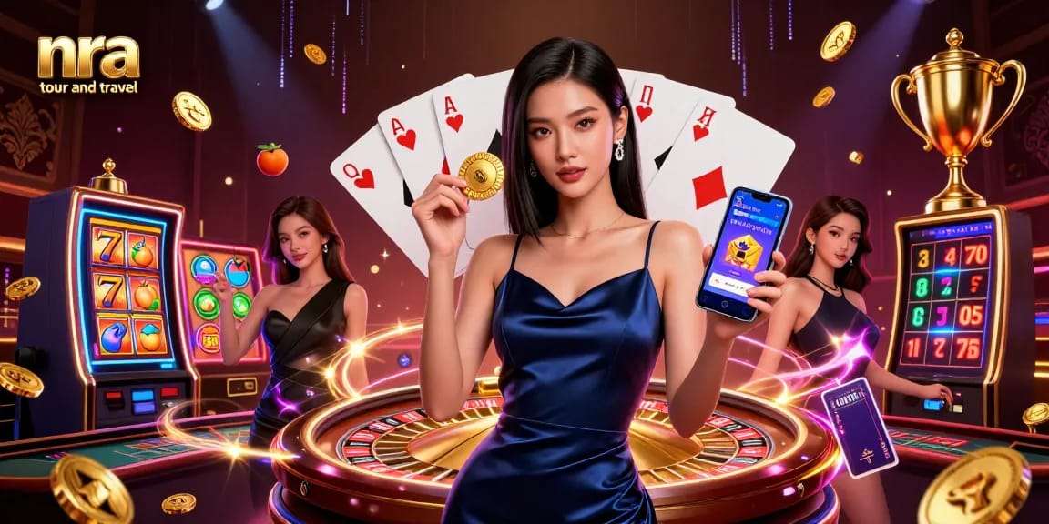 Win big with nra tour and travel, featuring vibrant casino scenes with slot reels and lucky symbols.
