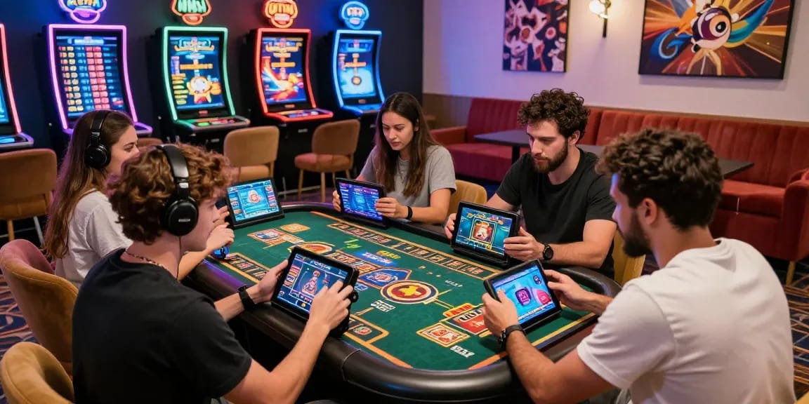 KO66 online casino players enjoying dynamic gaming experience in vibrant lounge