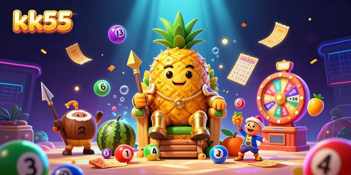 Join the fun with kk55 in this vibrant 3D casino scene featuring a pineapple king.