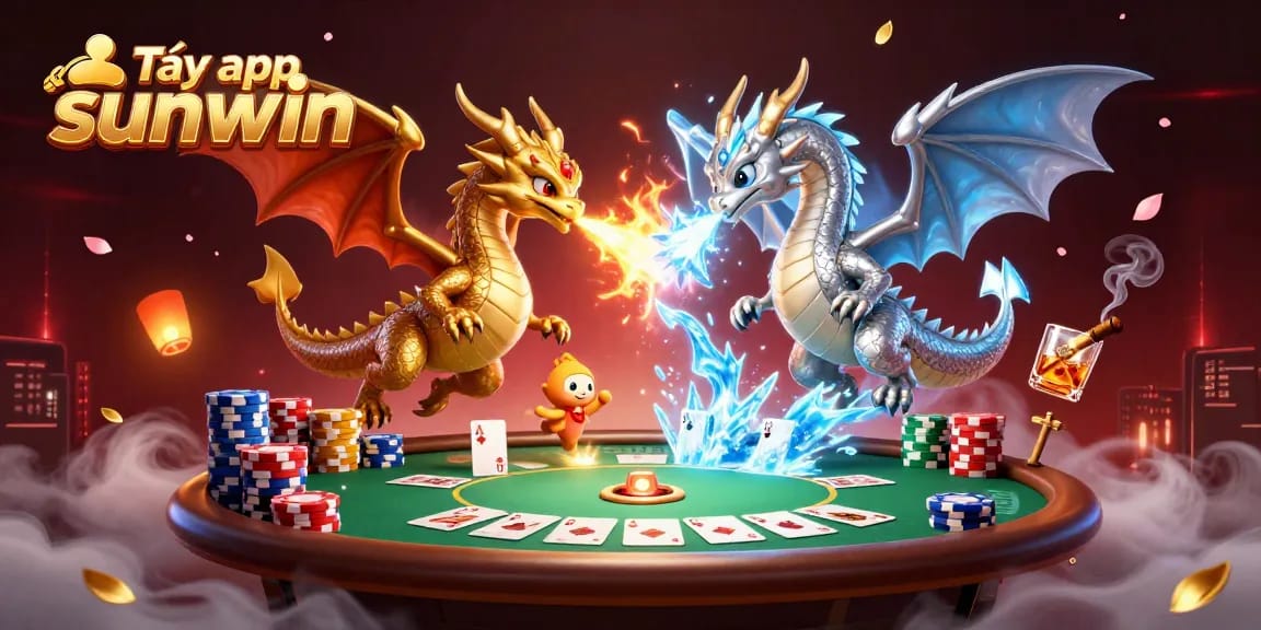 Play exciting games with Tải app sunwin featuring a dynamic scene of cartoon dragons and poker elements.