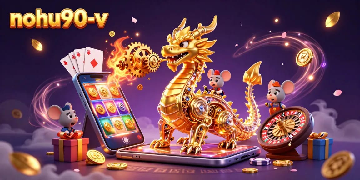 Spin to win with nohu90-v: a vibrant illustration featuring a golden dragon and bustling casino elements.