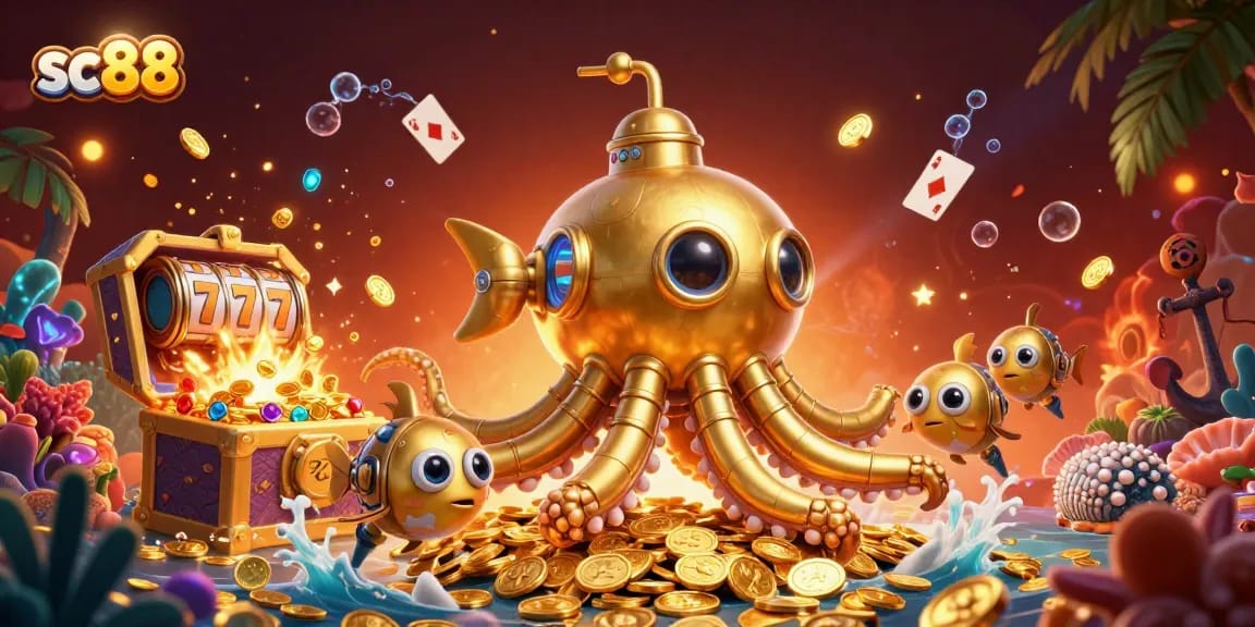 Experience sc88 with a golden kraken submarine and vibrant slot reel elements.