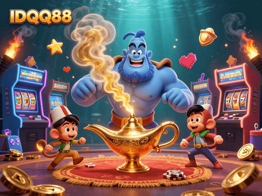Experience the thrilling slot adventure at IDQQ88 with vibrant casino characters and iconic game elements.