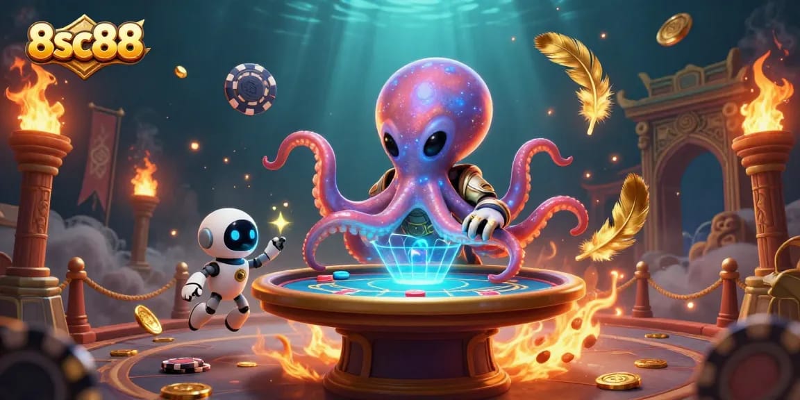Engage with 8sc88's thrilling alien poker scene, featuring an octopus and robot companion.