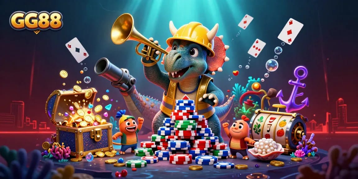 Build a winning strategy with GG88, featuring a triceratops and vibrant casino elements.