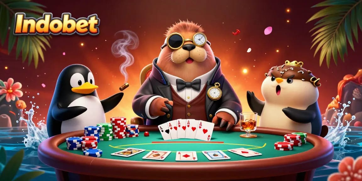 Indobet menampilkan walrus ceria bermain poker di bawah laut.