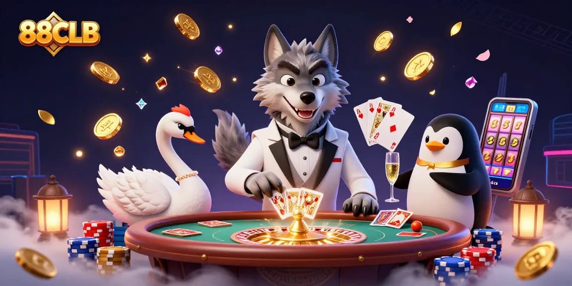 Experience exhilarating games at 88CLB, where a wolf, swan, and penguin bring casino thrills to life.