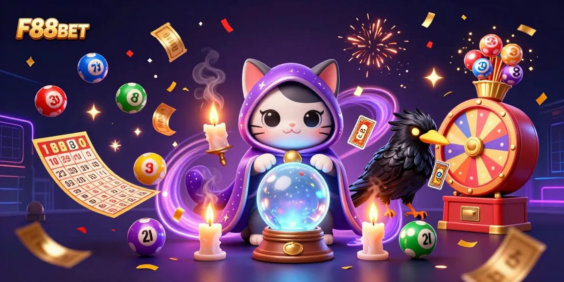 Win big with F88BET in a vibrant, colorful lottery-themed 3D illustration celebrating gambling excitement.